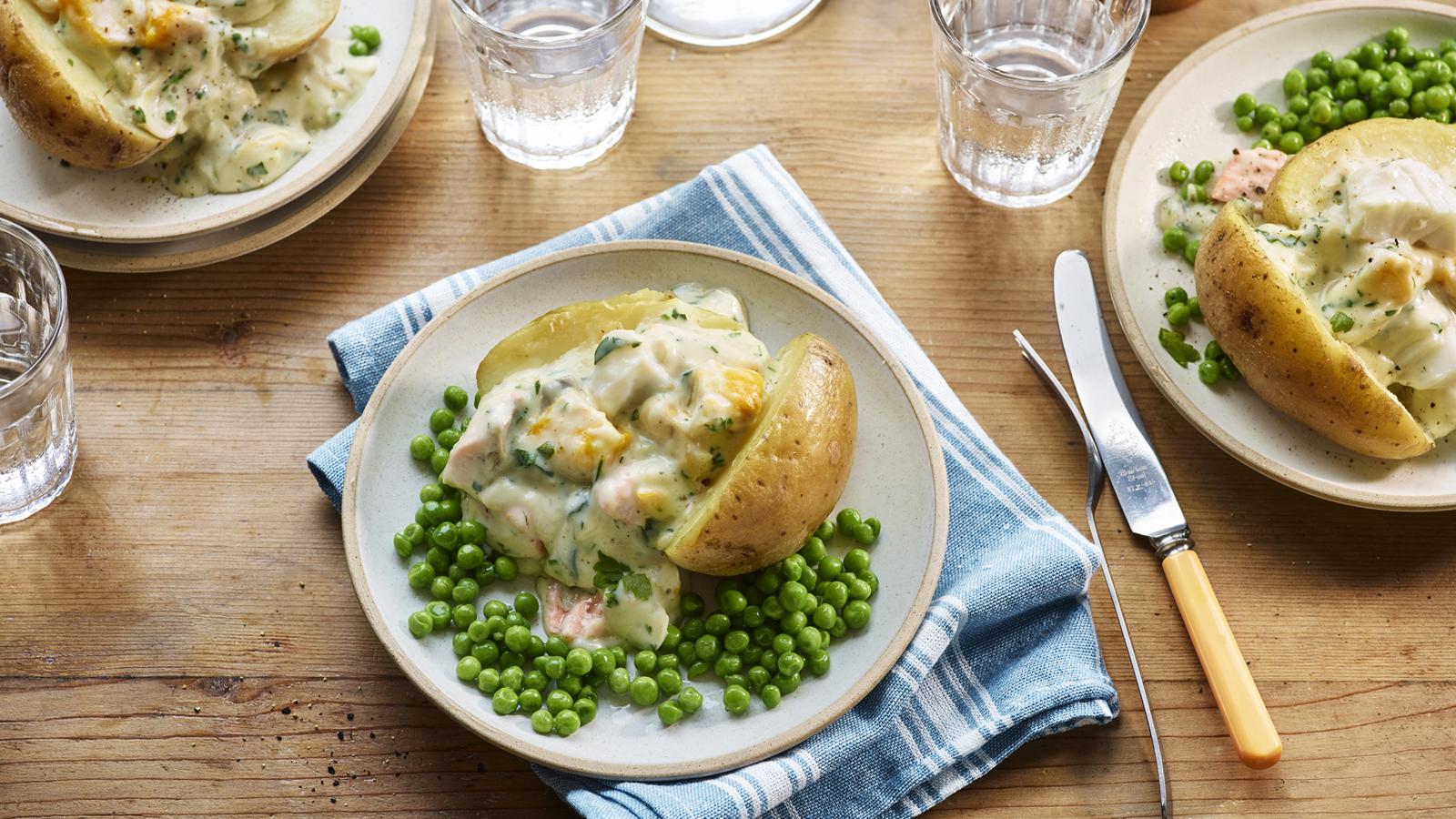 Microwave fish pie jackets with peas