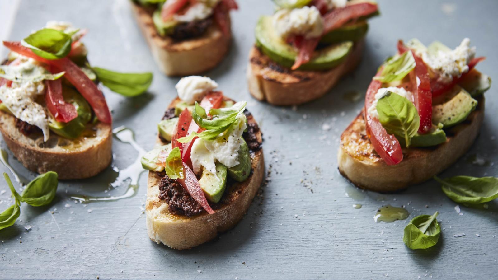 Bruschetta with avocado and olive tapenade 