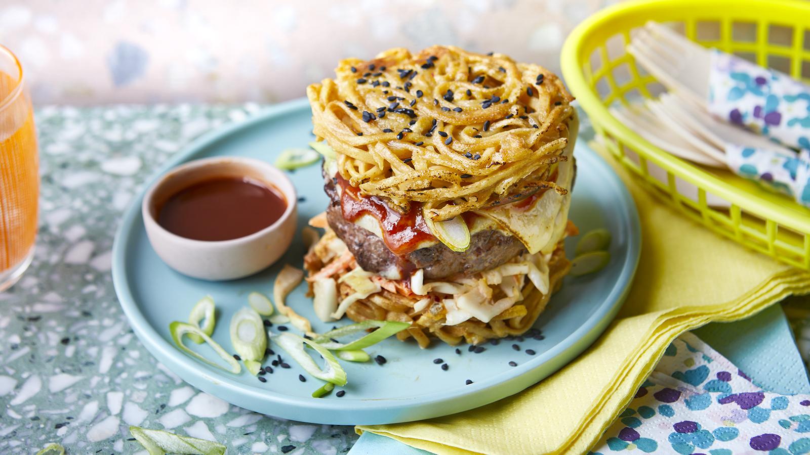 Ramen burgers with gochujang sauce and kimchi slaw