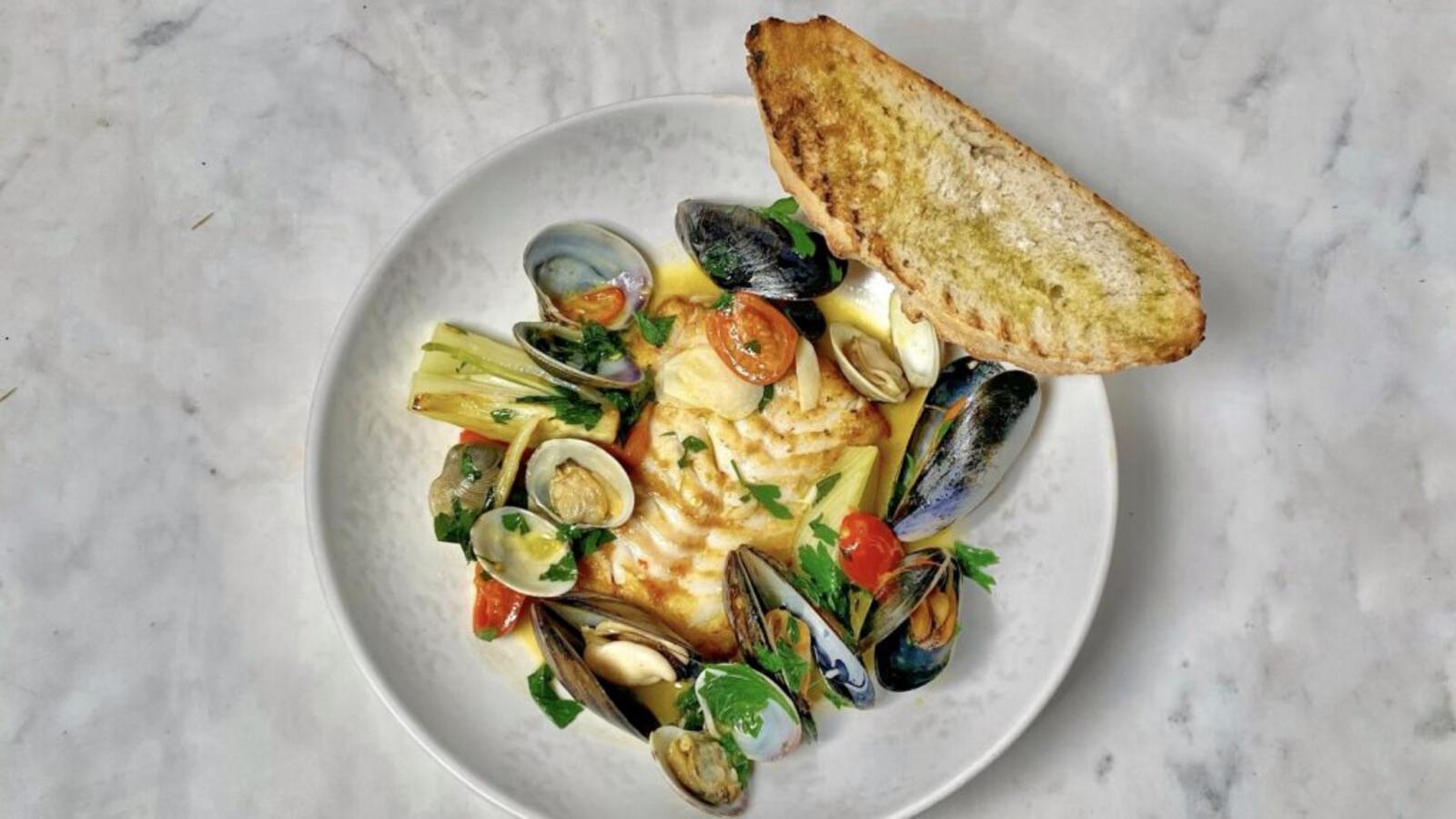 Acqua pazza with hake, fennel and tomatoes