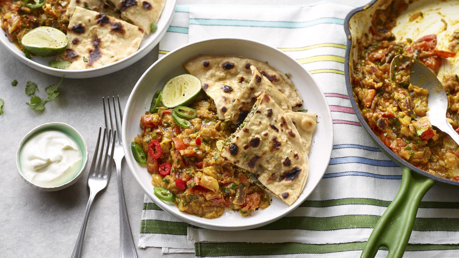 Smoky aubergine curry with cauliflower parathas