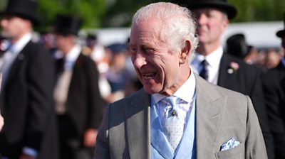 King Charles smiles during the garden party