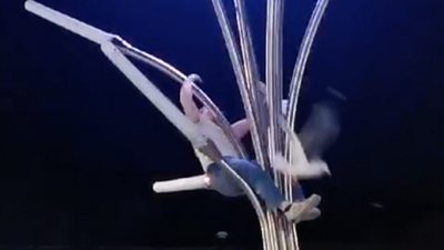 A man at the top of a light installation in Glasgow freeing a seagull