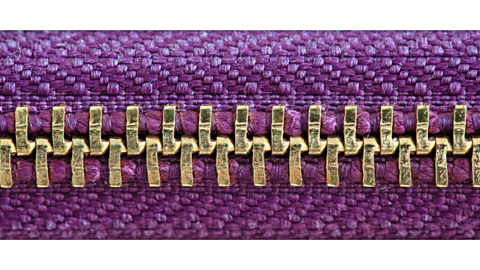 A gold metal zip, attached to purple fabric.