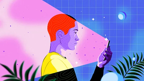 Illustration of a person's face illuminated by their phone (Credit: Estudio Santa Rita)