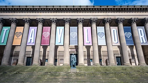 Installation of microphones artwork for Taylor Swift in Liverpool