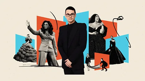 Christian Siriano with celebrities and models wearing his designs (Credit: Klawe Rzeczy/ BBC)