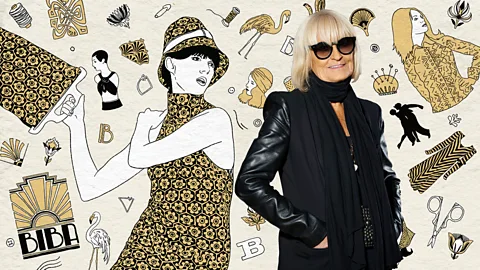 Barbara Hulanicki with illustrations of Biba fashion elements around her (Credit: Emmanuel Lafont/ Tessa Hallmann)