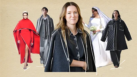 Artwork of Clare Waight Keller with some of her iconic dress lines eorm behind her (Credit: Serenity Strull/ BBC/ Getty Images/ Uniqlo)