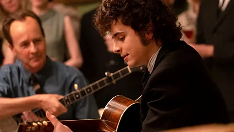 Timothée Chalamet as Bob Dylan in A Complete Unknown (Credit: Macall Polay)