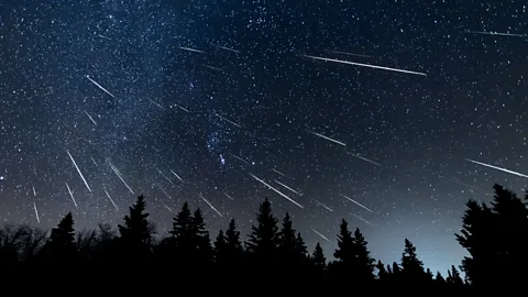 Two people look up at a meteor streaking across a star speckled sky (Credit: Getty Images)