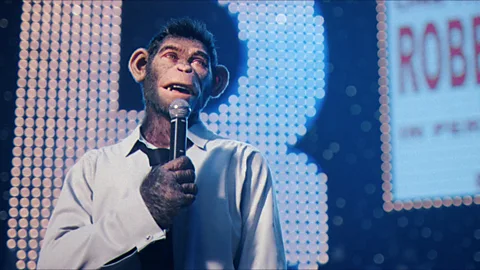 Robbie Williams depicted as a CGI chimp in his biopic, Better Man (Credit: Paramount Pictures)