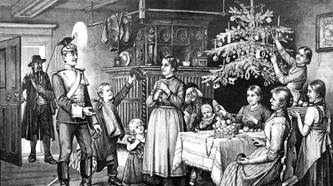 An illustration of a Victorian family at Christmas.