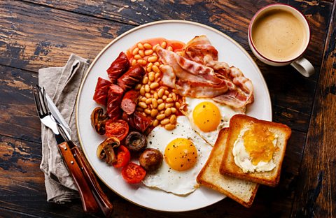 An aerial view of a full-English breakfast