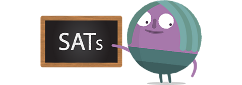 Circle character next to a chalk board which says the word SATs