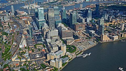 Aerial view of Canary Wharf, East London.