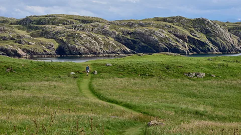 Getty Images A woman with a backpack wanders across the green meadows of Handa Island (Credit: Getty Images)