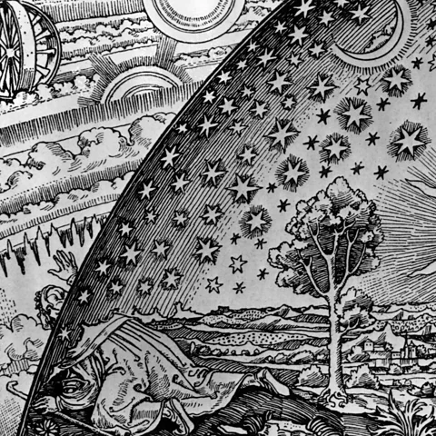 Getty Images In this illustration attributed to the 19th Century, a man looks beyond the Earth to see the true workings of the wider Universe (Credit: Getty Images)
