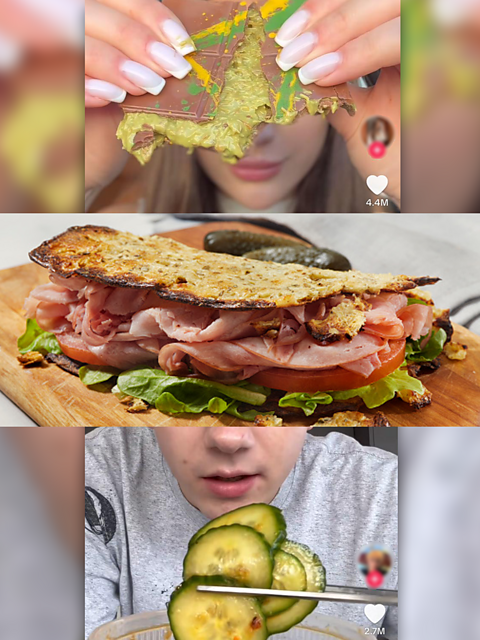 Collection of 3 images, the first is of the viral Dubai chocolate, second a cottage cheese flatbread and third the Asian style cucumber salad