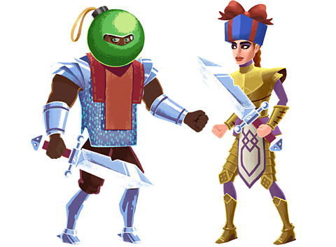 Two characters, one in sliver armour with a green bauble helmet and one in gold armour with a blue present helmet