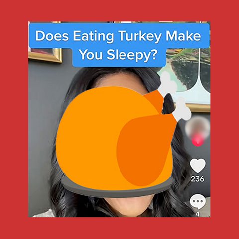 Screenshot of a TikTok with the caption "does eating turkey make you sleepy"