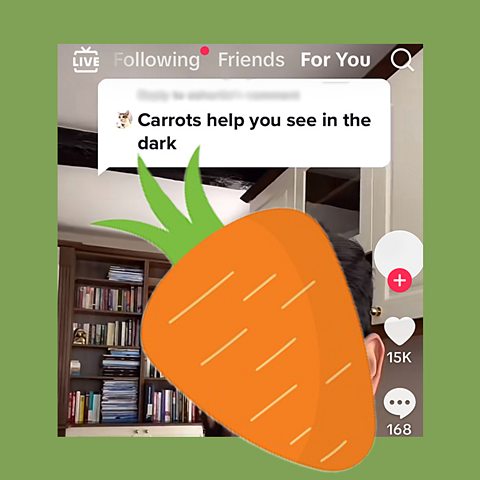 Screenshot of a TikTok with the caption Carrots help you see in the dark