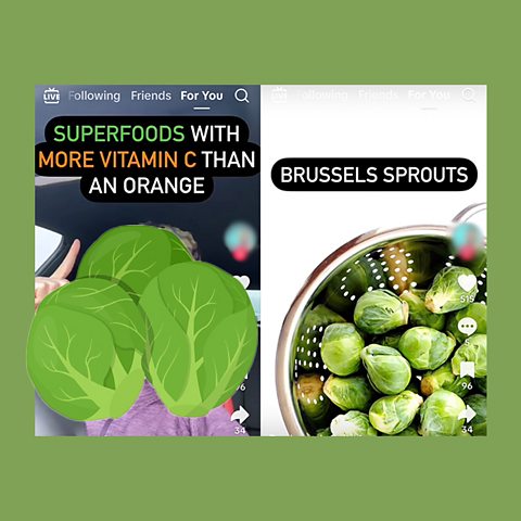 A green background with two screenshots of carrot tiktoks. The first one has the caption "superfoods with more vitamin c than an orange" and the second one "brussels sprouts"