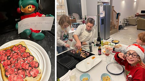 Elf holds a note saying I made you some beans on toast. There is a plate of toast with cut outs of Mr Beans face. Image on right shows a family sitting at a table around food.