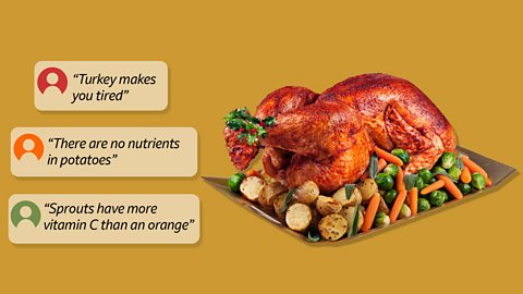 Gold background, with dinner plate. On the dinner plate there is sprouts, carrots, turkey and potatoes. 3 comments at the side saying "turkey makes you tired", "sprouts have more vitamin c than an orange" and "there are no nutrients in potatoes".