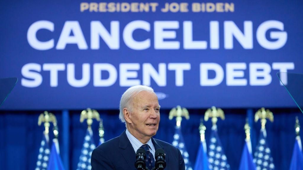 US President Joe Biden speaks during an April event in Wisconsin on cancelling student debt