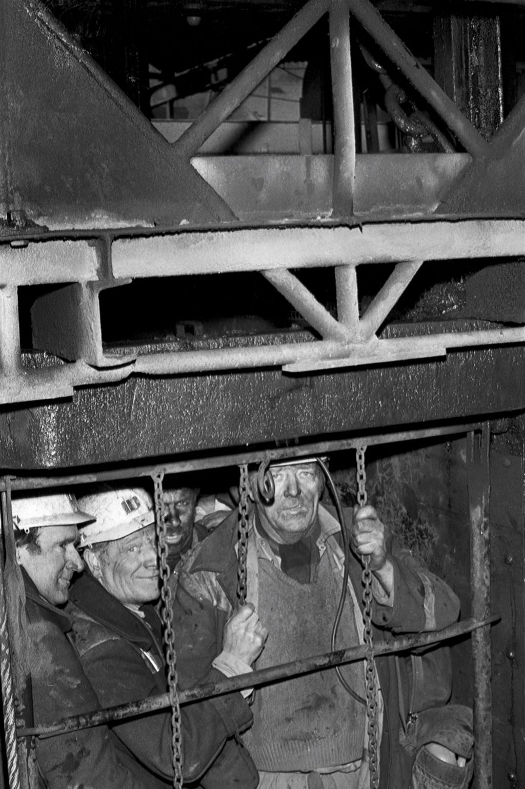 Miners emerging from pit bottom, Celynen South Colliery. 1983