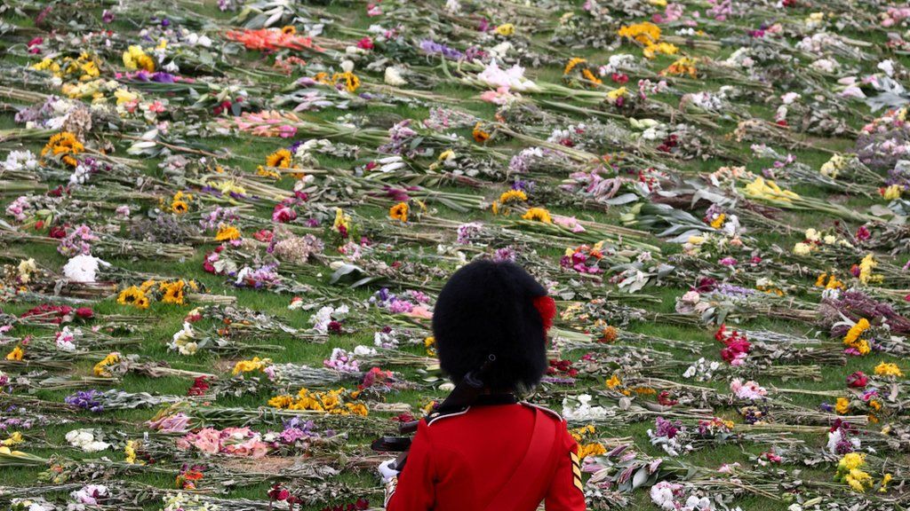 A soldier in front of flowers at Windsor