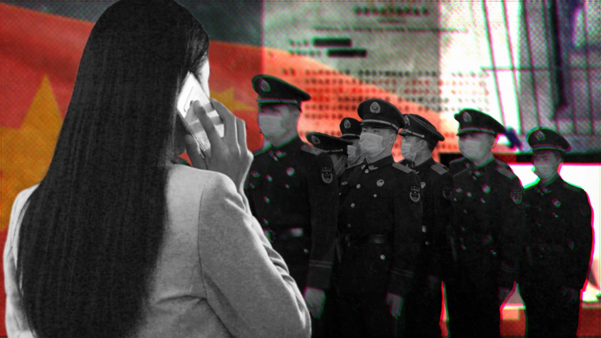 Graphic of a woman in a suit jacket holding a phone to her ear facing a group of Chinese police officers in uniform wearing surgical masks