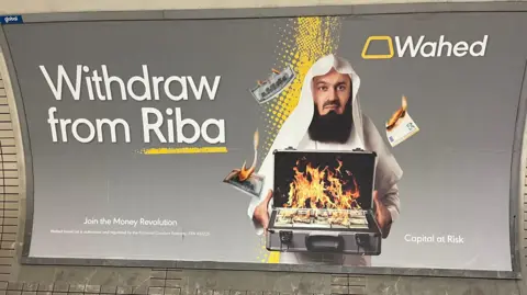 A poster advert for an Islamic investment platform showing US dollar and Euro banknotes on fire