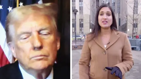 Split screen showing Donald Trump via video call and Nada Tawfix