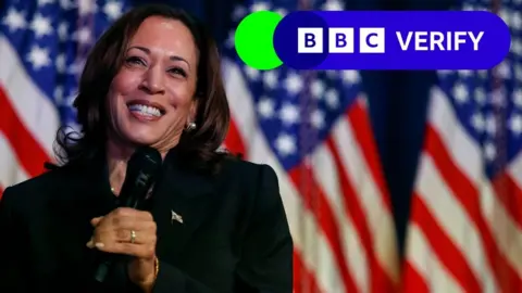 Kamala Harris making a speech backed by the American flags.