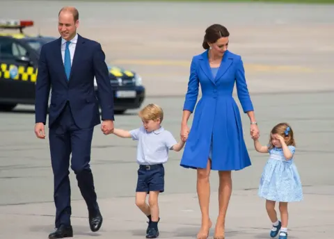 PA Media The Duke and Duchess of Cambridge with Prince George and Princess Charlotte leave Warsaw, Poland, as they head to Germany on 19 July 2017