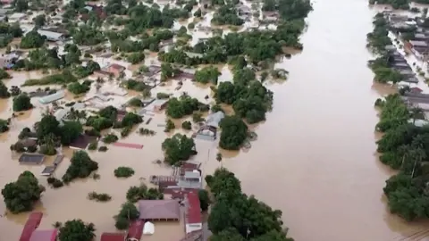 An aerial shot of a flooded city