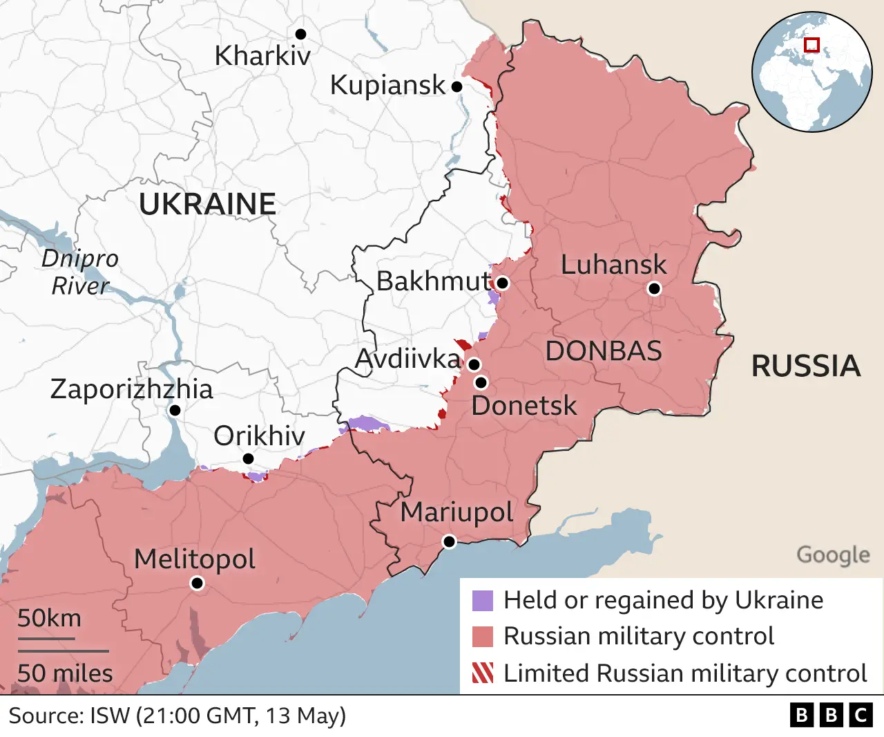 Map showing section of front line in the east