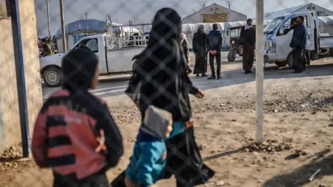 AFP A detained female Islamic State member and her children at the al-Hol camp in north-eastern Syria (17 February 2019)