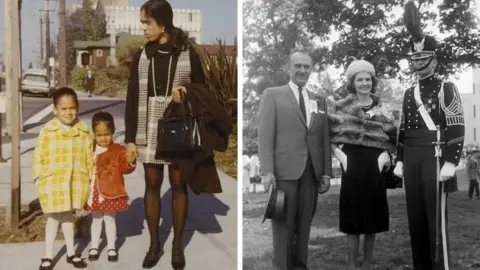 Kamala Harris / @realDonaldTrump Composite image shows Kamala Harris as child with her younger sister Maya and mother Shyamala, and Donald Trump with his parents Fred and Mary at the New York Military Academy