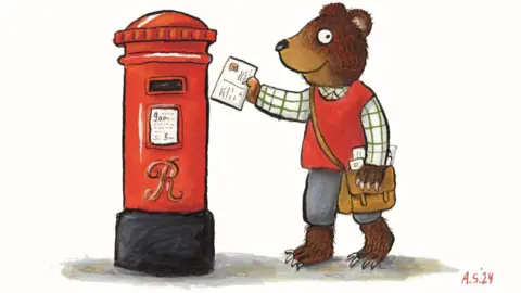 A children's illustration of a humanised bear, smiling and standing on two feet, wearing human clothes and posting a letter in a red post box