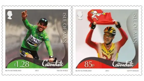 IOMPO Two images of Mark Cavendish smiling in his cycling gear. In the first he is wearing green and has his right hand raised while riding his bike. The second has him wearing the Isle of Man's colours of red and yellow, holding a Manx flag above his head.