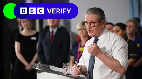 Prime Minister Sir Keir Starmer speaks to an audience. He is wearing a white shirt and a glass of water sits on the lectern in front of him. 