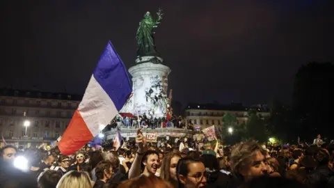 EPA People react after the second round of the French legislative elections results at Place de la Republique in Paris, France, 07 July 2024.