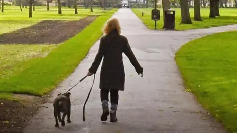 A woman iis walking a dog on a lead in a park. The path ahead forks to the right, next to a dog waste bin. 