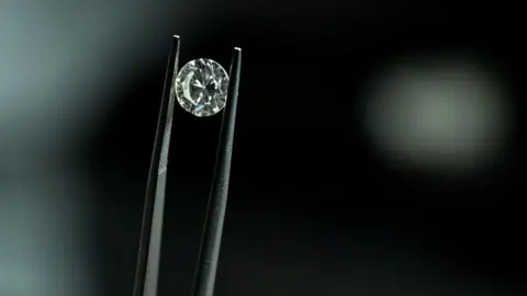 An expert displays a diamond at a factory in Surat