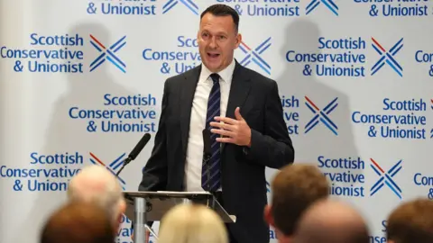 Russell Findlay after he is announced as new Scottish Conservatives leader, at the Radisson Hotel in Edinburgh. A leadership election was called after Douglas