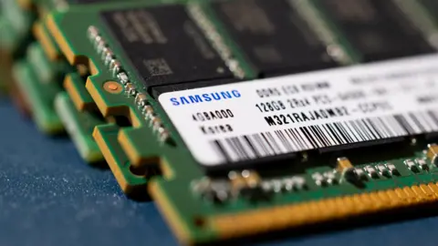 Getty Images Samsung high-capacity DDR5 DRAM modules arranged in Seoul.