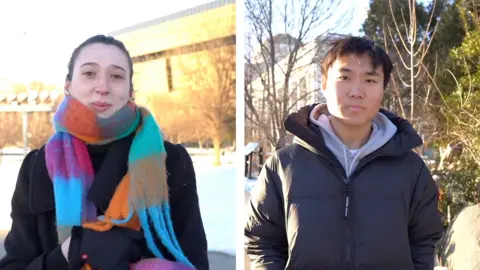 A young woman and a young man stand facing the camera wearing winter clothes in a split screen.